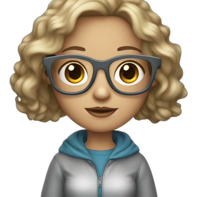dark-blonde girl with bob wavy hair and blue eyes in glasses silver color glasses holding laptop light skin emoji
