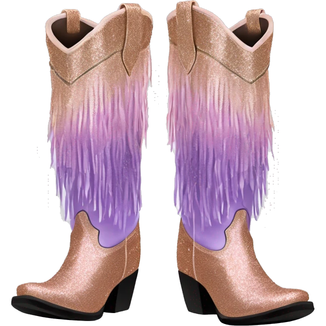 Realistic rose gold and lavender ombre pair of fashion cowgirl boots with sparkly shiny glitter fringe on them. emoji