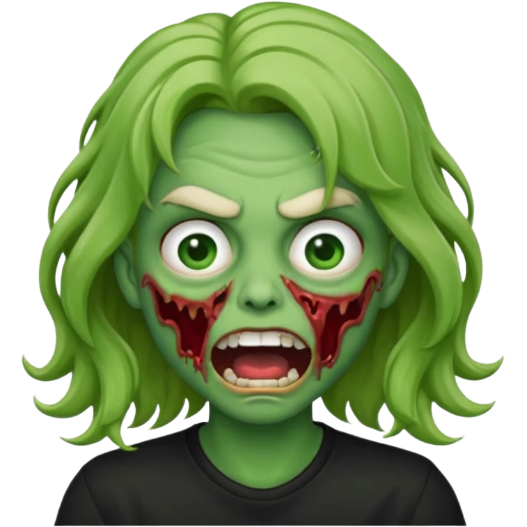 zombi emoji with a wavy medium hair, mouth, nose, green skin, black shirt emoji