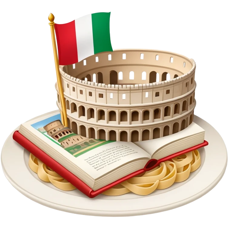 An icon featuring the Colosseum and the flag of Italy, symbolizing the Italian language. The design includes an open book with Italian phrases and a plate of pasta, representing language learning and cultural heritage. Transparent background emoji