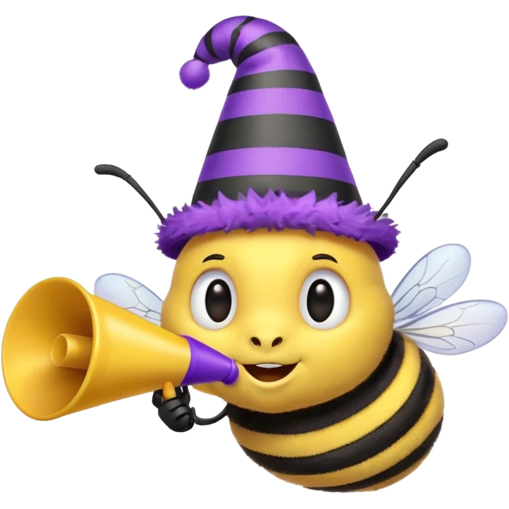 a Bee with purle Birthday Hat, Bee blowing party horn emoji