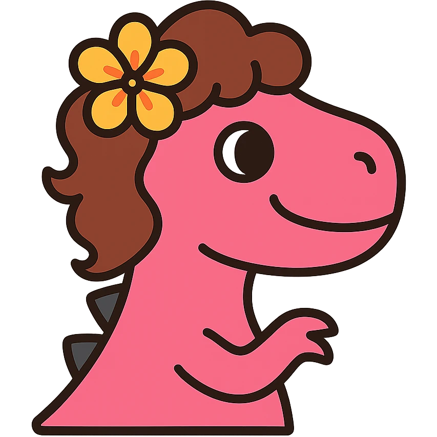 pink dinosaur with brown curly hair, a Hawaiian flower in her hair, and brown eyes, playful icon style emoji