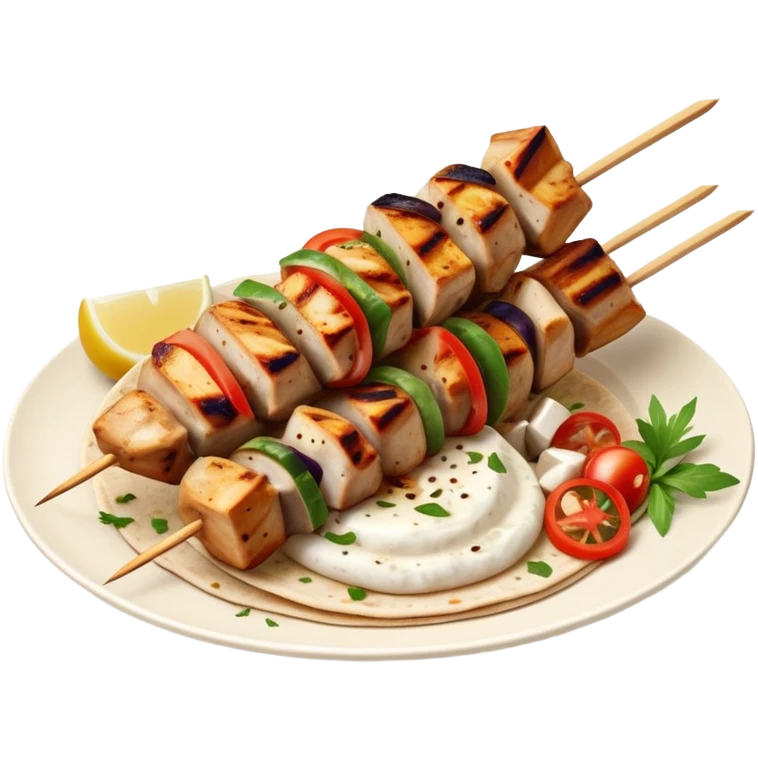 cinematic-realistic-souvlaki-dish-emoji,-showcasing-skewered,-2 grilled-chicken-with-mediterranean-spices-rendered-with-dynamic-textures-and-warm,-appetizing-lighting on pita bread on a plate emoji