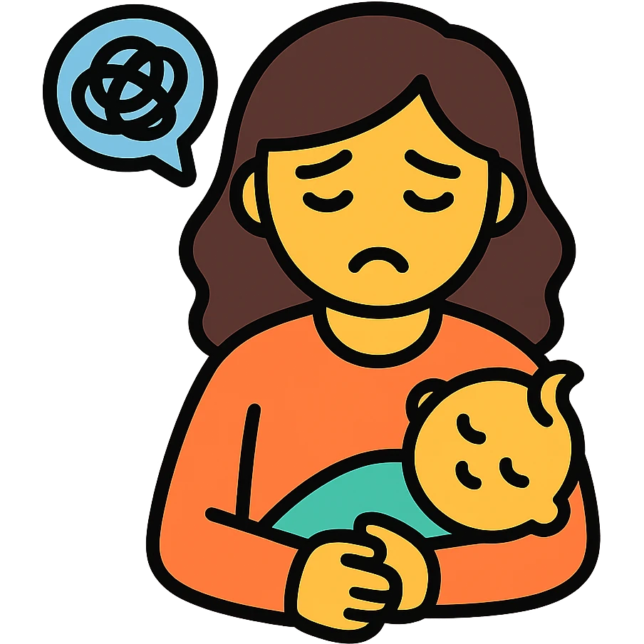 a tired woman holding a baby, modern flat icon style emoji