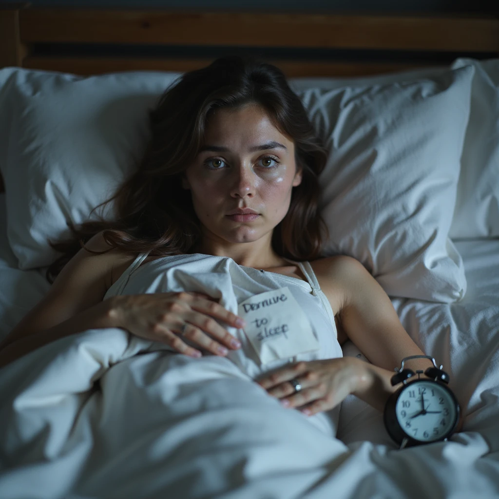 hyperrealistic 4K image of a young woman sitting on bed after 10 hours of sleep, dark circles under puffy eyes, hands gripping crumpled sheets, alarm clock showing '11AM' with a note saying 'Dormire' beside it, realistic bedroom atmosphere, tired expression emoji
