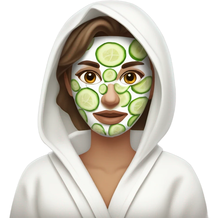 White girl with Brown hair and blue eyes wears a Green colored skincare clay textured mask and puts on cucumbers around her eyes while She relaxes in her white Robe emoji