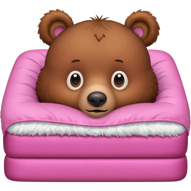 A brown bear in a pink bed, upside down and looking at the viewer with a quirky expression. emoji