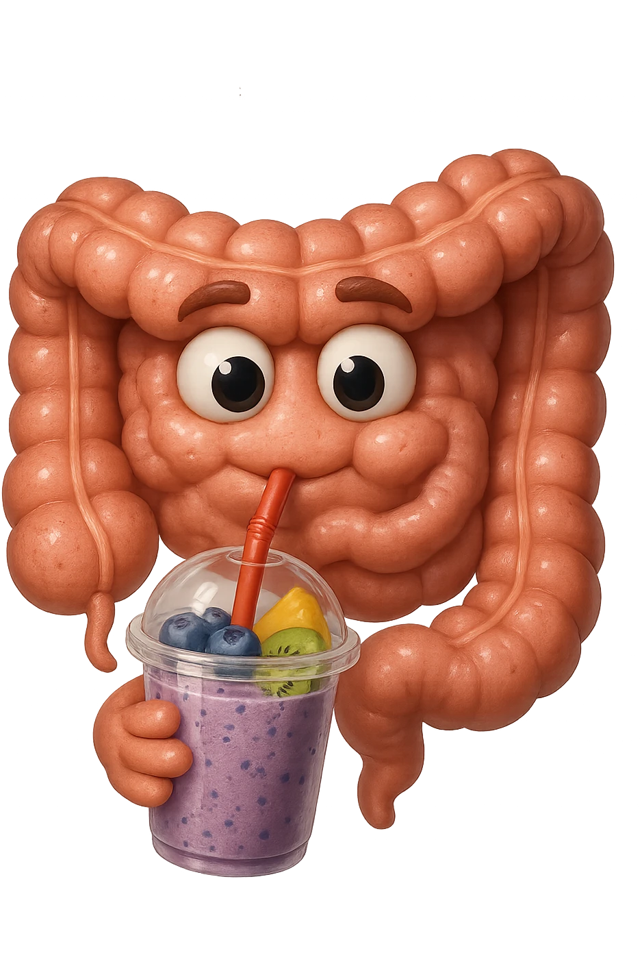 EMOJI STILE IPHONE DI un intestino umano anatomico che beve un frullato di mirtilli, ananas, kiwi, fagli anche la parte bianca degli occhi, non solo le pupille, REALISTICo 4K emoji