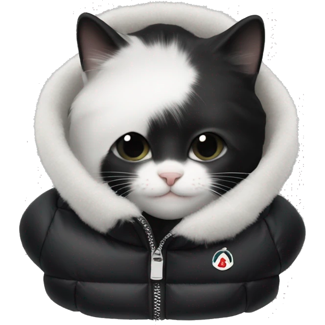 black and white cat wearing black moncler puffer coat emoji