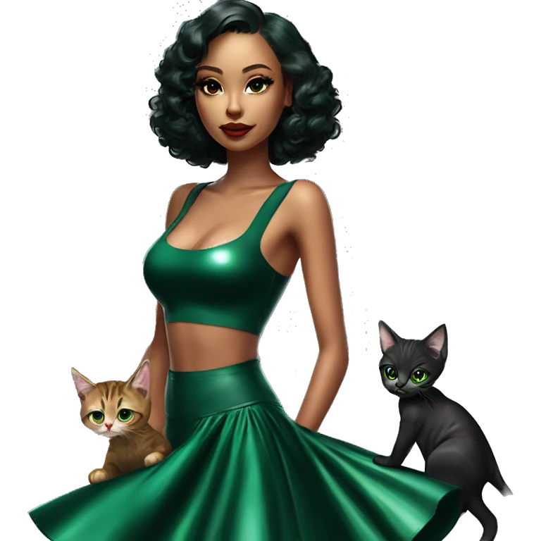 A pin skirt latex dark emerald dress on a female latin goddess with a kitten aura with a short bob a-line  emoji