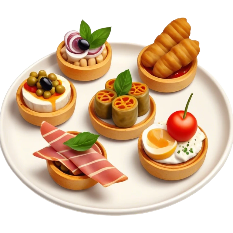 Tapas (4 Pintxos) Cinematic Realistic Tapas Dish Emoji, depicted as an assortment of 4 pintxos elegantly arranged on a plate, rendered with lifelike textures and vibrant, inviting lighting. emoji
