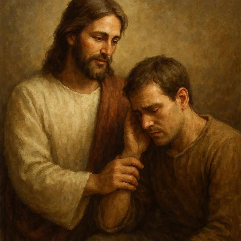 Jesus placing a hand on a person's shoulder, offering support, gentle and comforting emoji