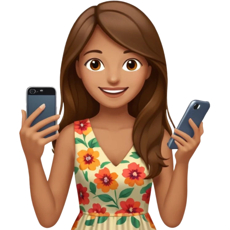 Woman long hair happy in dress using app on phone emoji