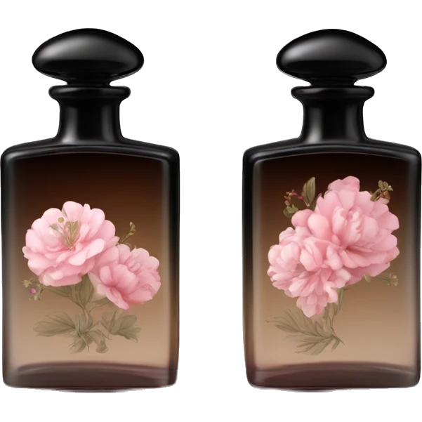 Two English vintage glass perfume bottles from my aristocratic grandmother, exquisite bottle shape, old and shabby, with label, stylish and minimalistic, black and brown with pink gradient, with little herbal and flowers  emoji