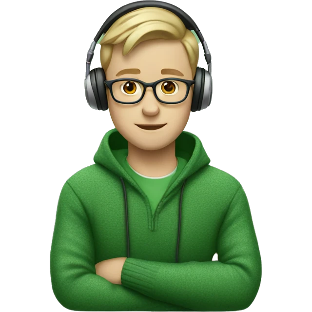White boy wearing glasses and green sweater and headphones emoji