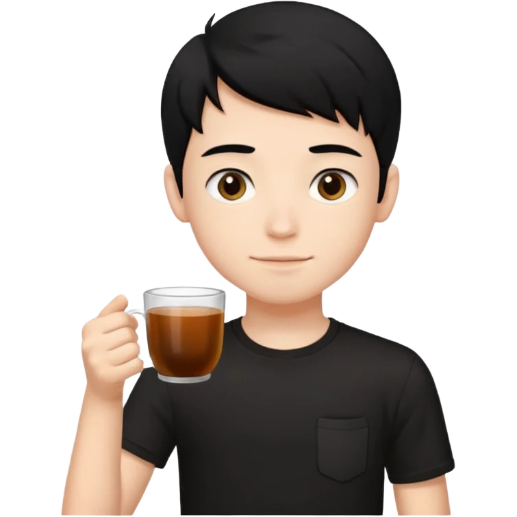The boy teen have a black hair, and black T-shirt with a cup of tea. blue background  emoji