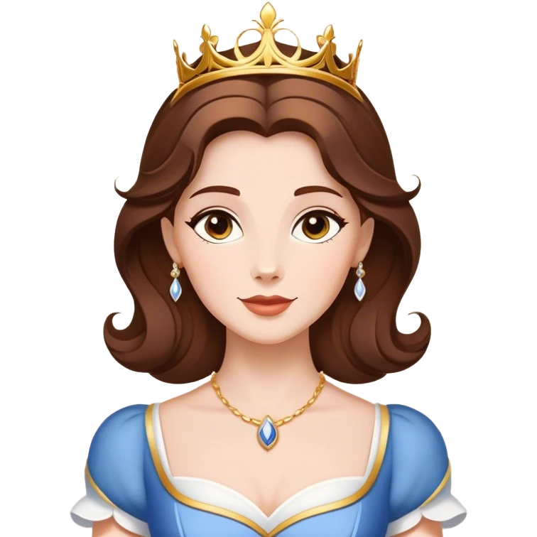 Cinematic Majestic Belle Portrait Emoji, rendered in a clean, vector-style with bold, simplified shapes. Show Belle with a serene, noble expression, fair skin and gracefully styled brown hair, her classic attire refined and understated. The design radiates a majestic, enchanting glow with high shine and a soft glowing outline, embodying royal elegance. emoji