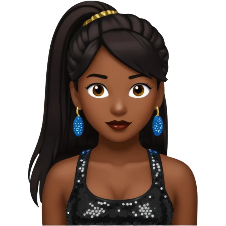 Chilli from TLC with long dark brown ponytail hair, black sequin crop top, black earring, dark skin emoji