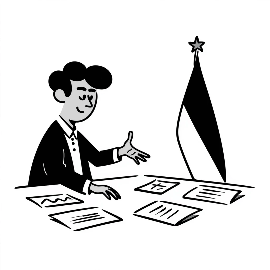 A diplomat negotiating at a conference table with documents and a flag emoji