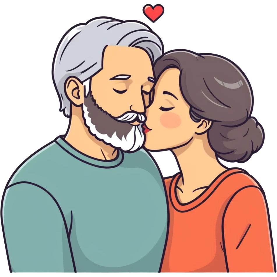 Grey haired bearded man and pretty brunette woman kissing  emoji