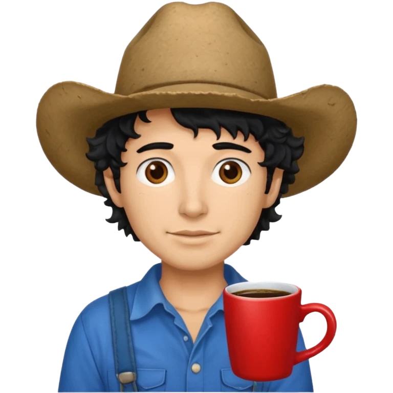 Ranch hand with blue hat and coffee mug, curly black hair, red shirt emoji
