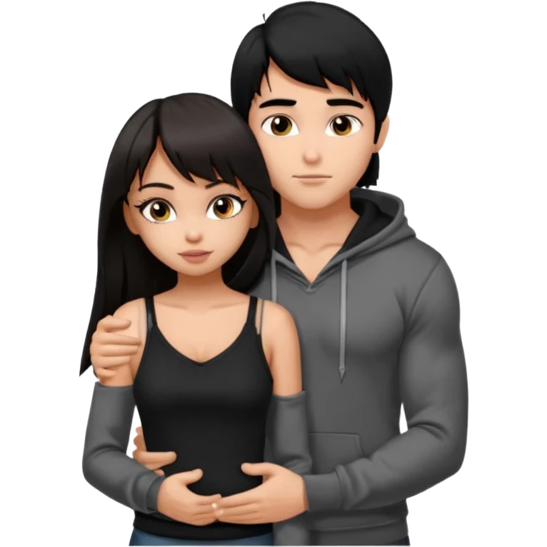generate a pretty bratz girl in black cami top, dark brown straight long hair with bangs, eyeliner on, 

hugging a handsome muscular boy with black hair and a grey hoodie emoji