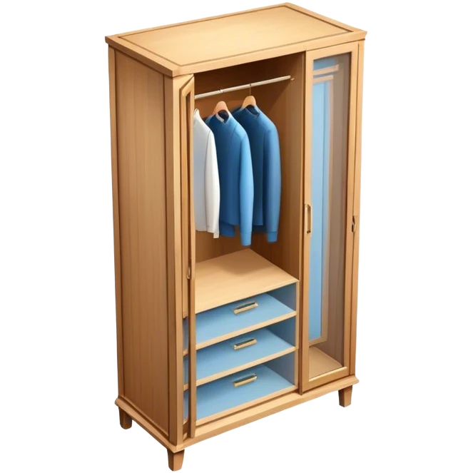 Icon for Furniture Design: a semi-transparent 3D wardrobe on top of a blueprint, with design metrics and measurements around it. The icon should represent the design and development process of furniture. Transparent background. emoji