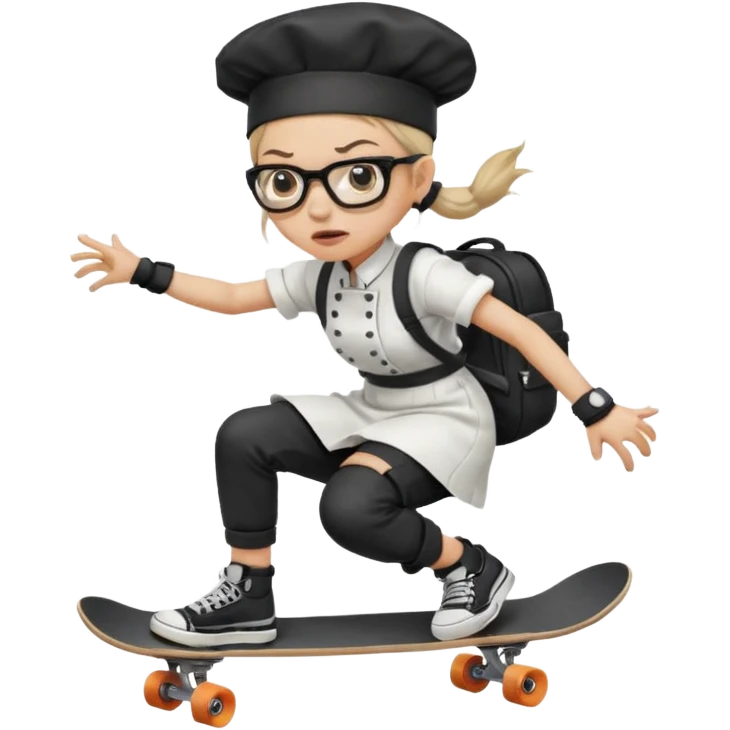 ["An angry woman with light skin, ponytail, wearing a chef hat and square glasses, dressed in goth fashion, is skateboarding while holding a backpack."] emoji
