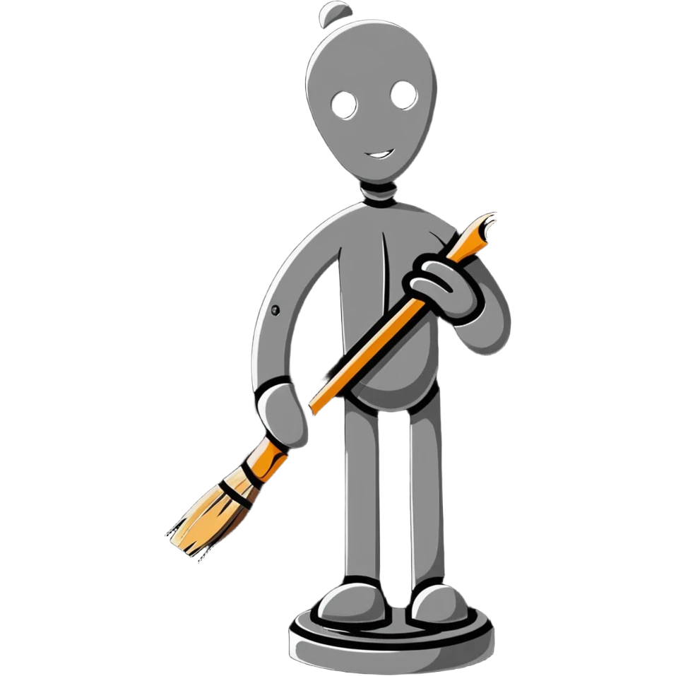 A paintbrush transforming into a 3D metal human silhouette sculpture, symbol of artistic identity, with defined sculptural details emoji