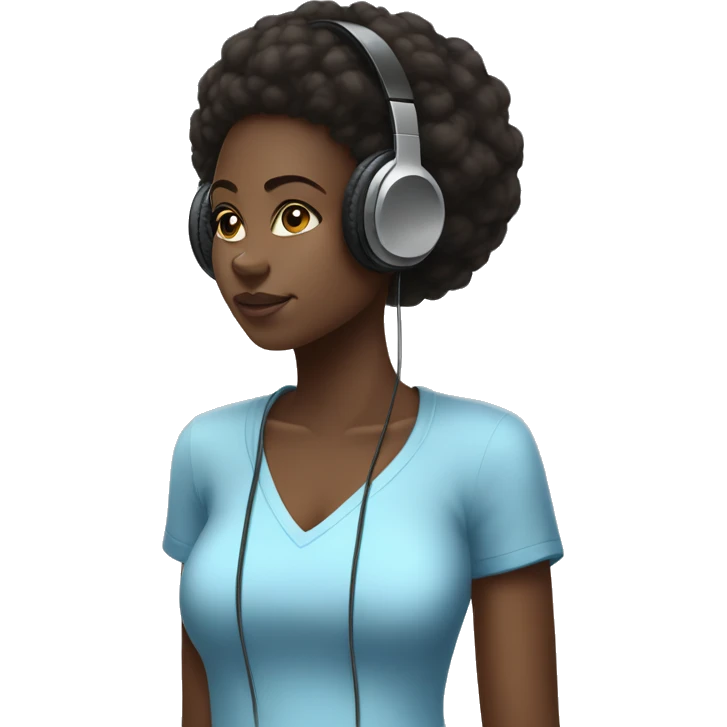 African girl. Black Afro high puff. Wearing white headphones. Listening to music. Wearing a light blue shirt. emoji