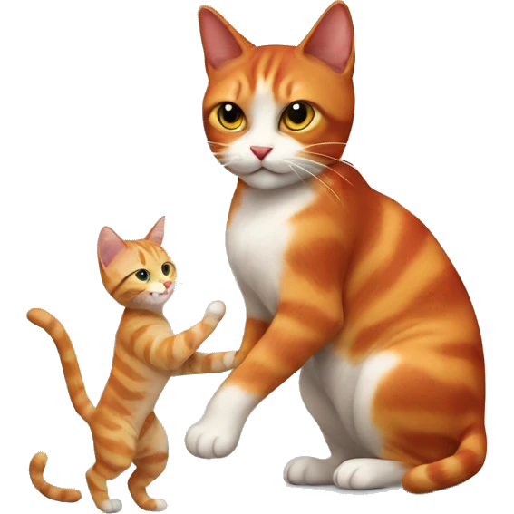 A small tricolour cat playing with a big red cat emoji