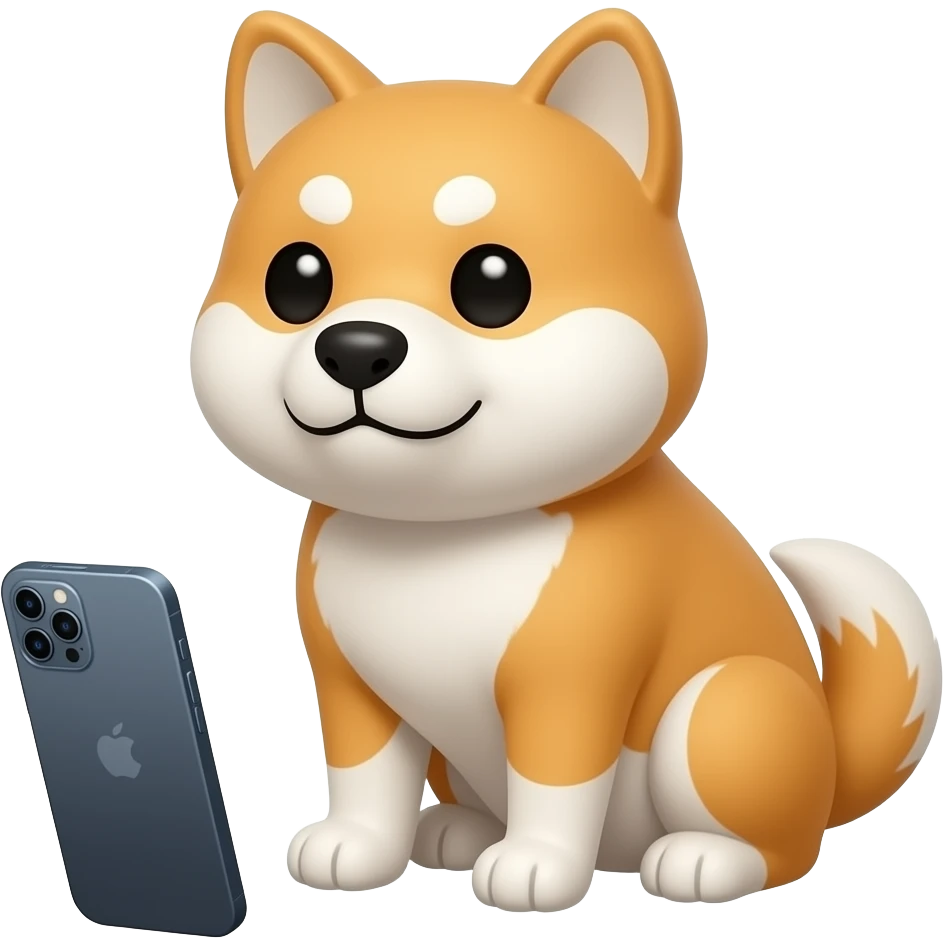 Hachiko dog in chibi cute animation sitting down holding mobile browsing online emoji