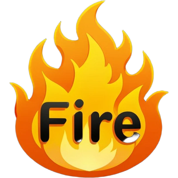 small flame icon emoji with the word 'FIRE' in bold comic-style letters in the center, thick black outline, vibrant orange and yellow, designed for chat reactions and YouTube memberships emoji