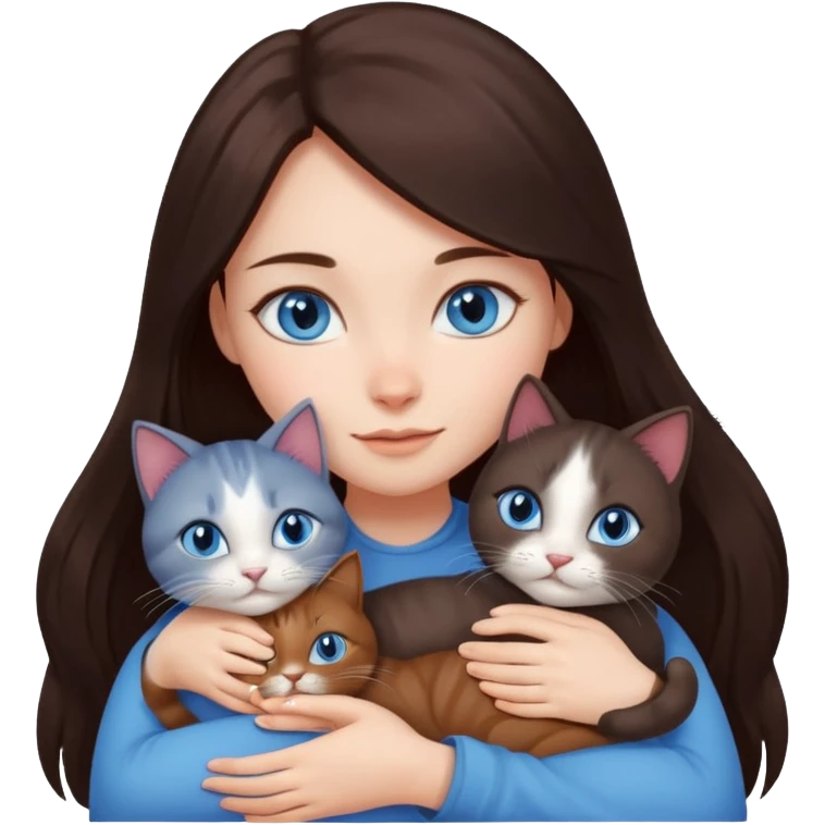 a girl with long dark 
brown hair, with blue eyes, hugs 3 different natural coloured cats emoji