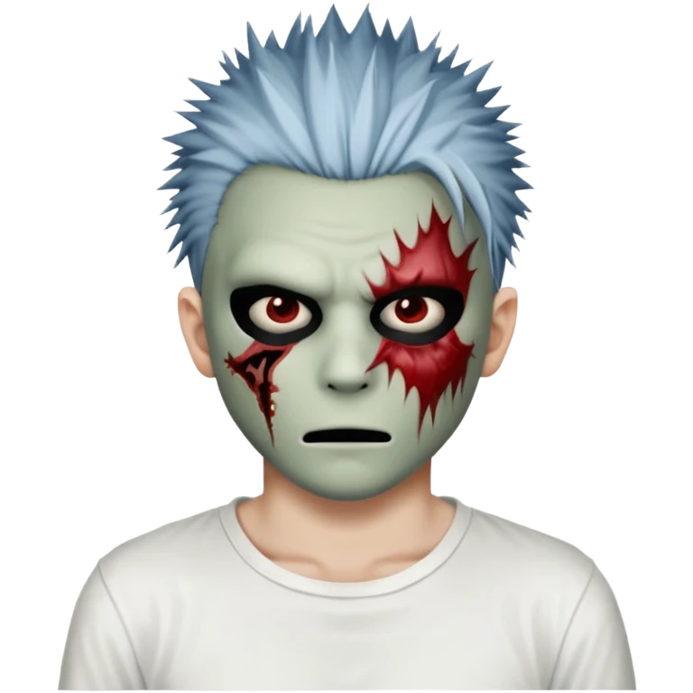 zombie boy with spiky emo hair and white shirt emoji and 

He wears an anonymous mask on half his face and has wounds on the other half. emoji