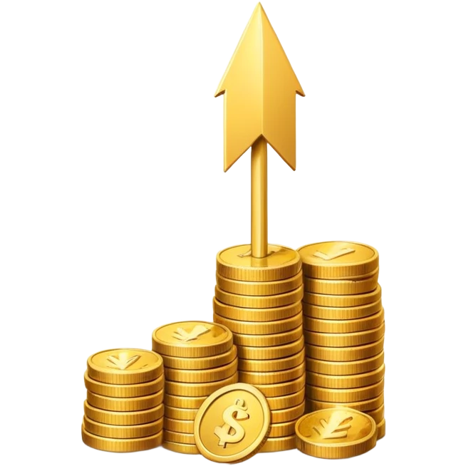 upward arrow beside a small stack of gold coins, financial growth symbol emoji