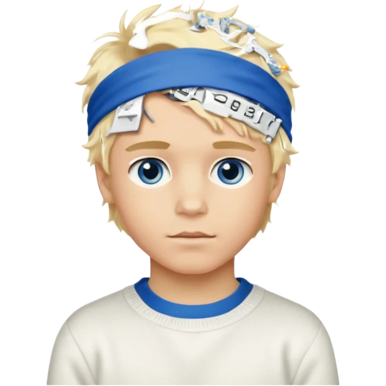 Create a look for a blond boy with long, tousled hair, light eyes, a white sweater, a wealthy appearance, blue eyes, and accessories like a Rolex or Cartier watch, and a cute face with messy hair down. blue eyes + headband white emoji