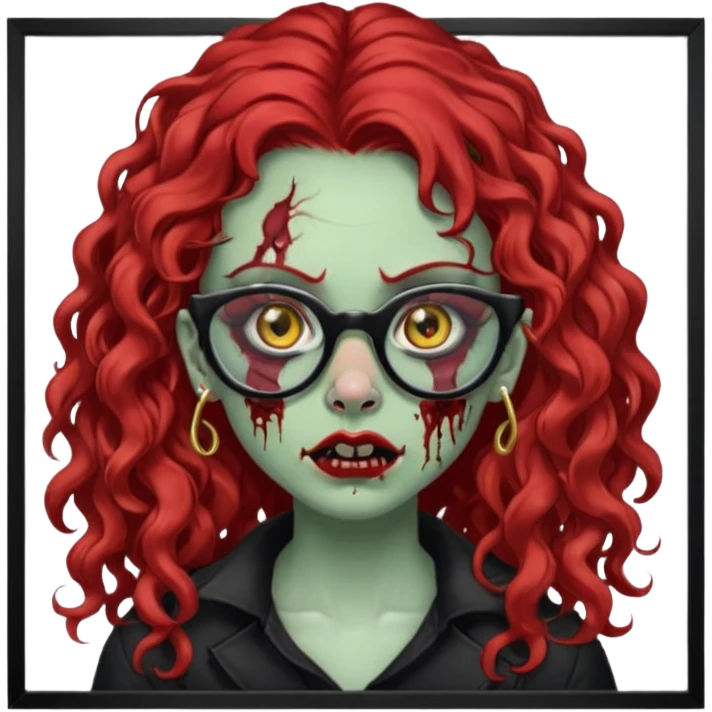 zombie girl with long red curly hair, thick lashes, black glasses, gold nose piercings on each nostril, and a gold eyebrow piercing. emoji