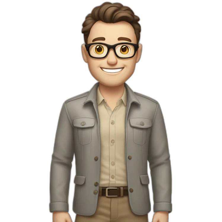 Joyful Pale skinned Fit Man With dark brown hair in gray jacket, beige office shirt, Brown pants and vintage glasses. His thrumbs up emoji