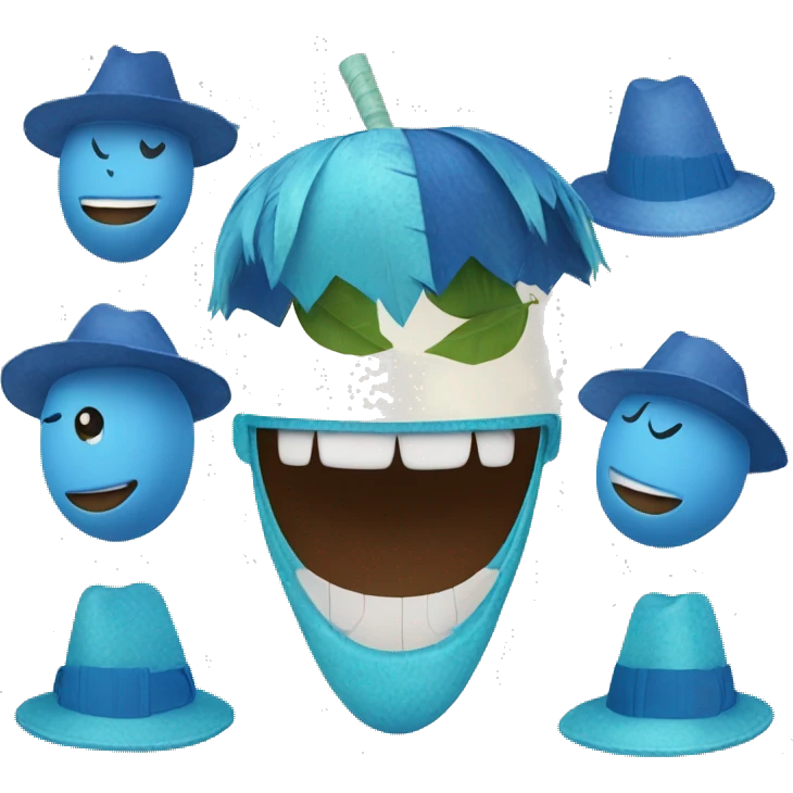 A blue coconut smiling and with diferentes hats like party hats emoji