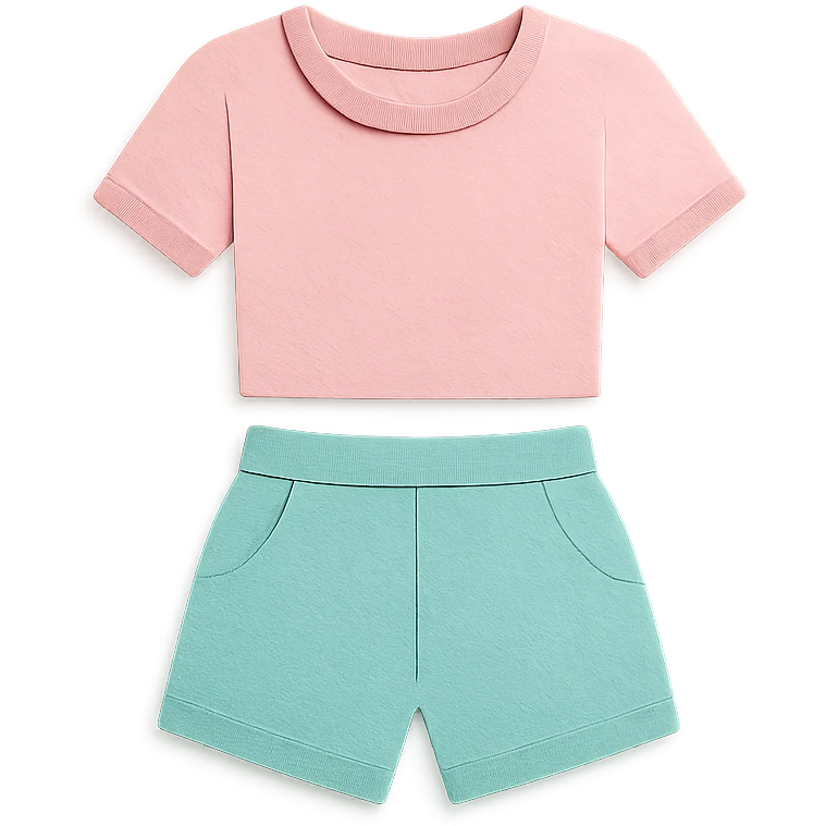 illustration of a women's short and tee shirt set in pastel colors in paper-craft style emoji
