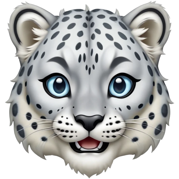 Cinematic-Comical-Snow-Leopard-Portrait-Emoji – Head tilted dramatically with an exaggeratedly amused expression, featuring a thick, spotted white-and-grey coat with a dense ruff around the neck, wide, piercing icy blue eyes filled with playful disbelief zoomed out showing the shoulders emoji