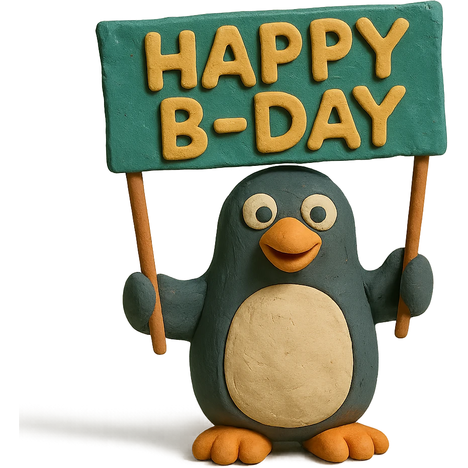 smiling penguin holding 'Happy B-Day' banner, claymation style emoji