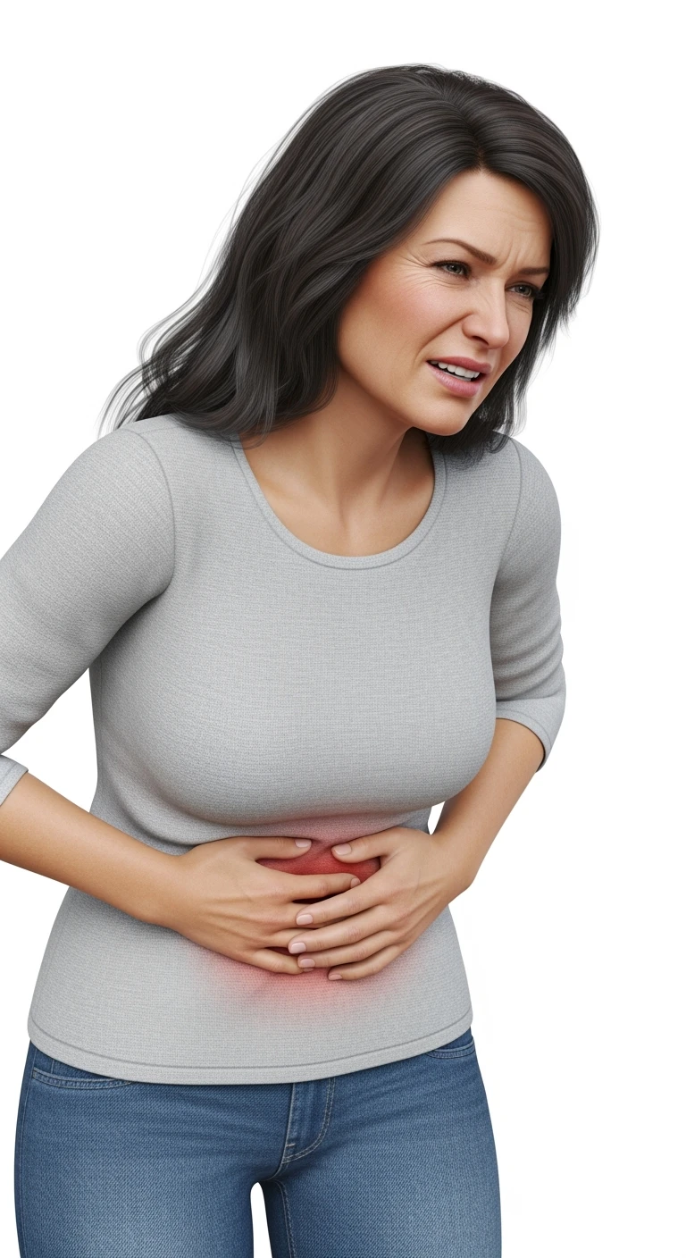 DONNA 50ENNE CON INTESTINO DOLORANTE VISIBILE, iperrealistico 4k, ISOLATA SU SFONDO BIANCO emoji
