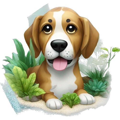 A dog made entirely of glass mirror crystals prisms glass transparent filled with plants as a terrarium emoji
