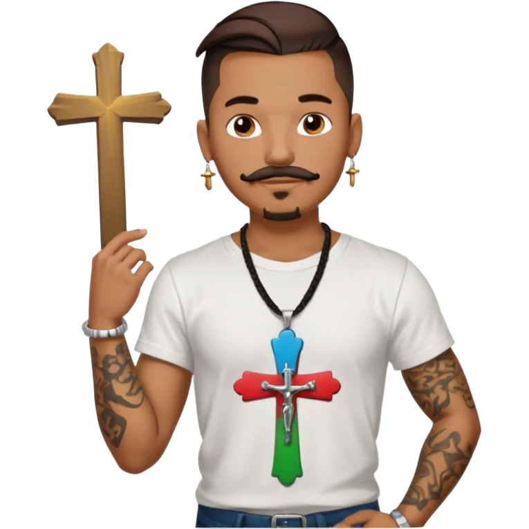 Deci creează mi un emoticon cu un băiat mai creol care are doar o coadă are cercel intr o ureche are tatuaje și barba cioc și mustața și are lanț la gât cu cruce vreau să fie cu totul cu tot cu corp și cercel vreau să aibă doar intr o ureche nu în ambele  emoji