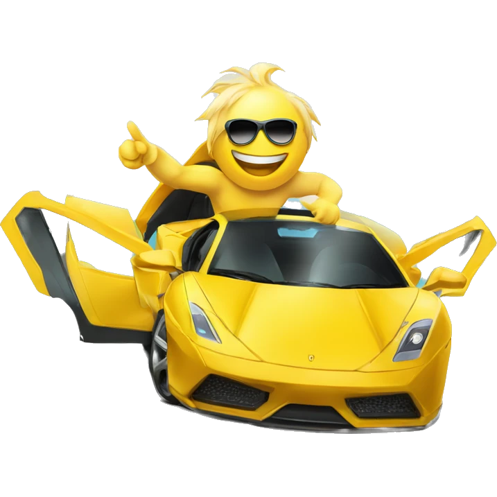 yellow circle with sunglasses and mortaboard stepping out of Supercar pointing towards us with smile emoji