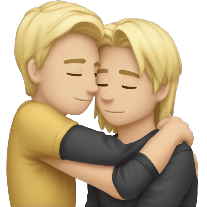 Two gay boys kissing eachother one boy is blond long hair and oneboy is brunette laying hands on eachother arms emoji