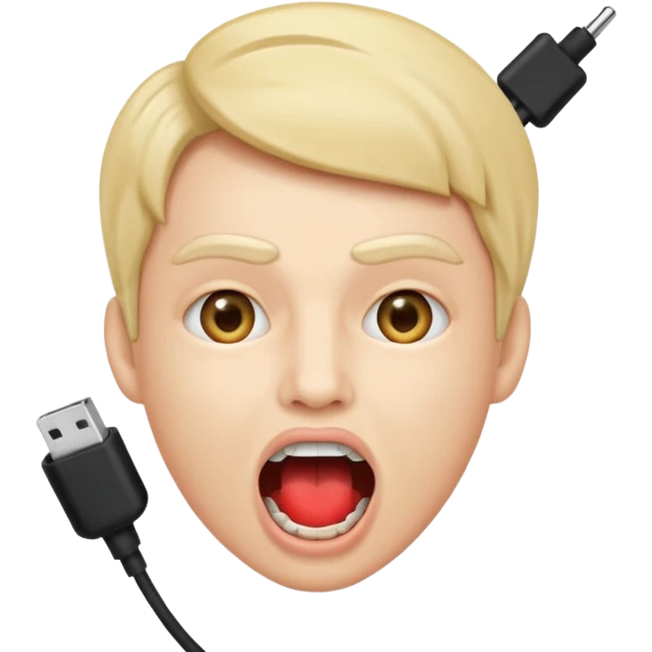 Mouth open wide with audio cable stuffed inside. emoji