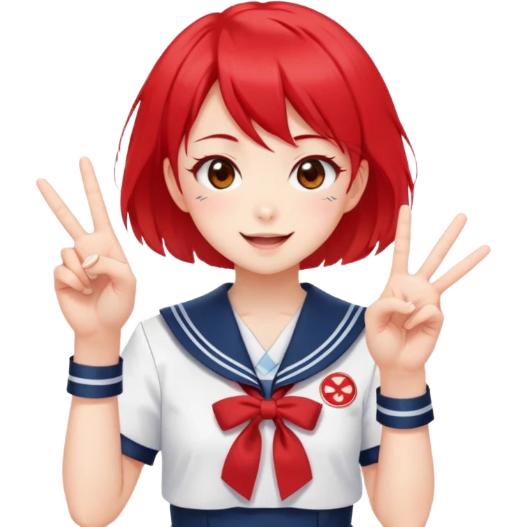 Energetic anime girl with short bright red hair wearing Japanese sailor style school uniform, winking and making double peace signs, very cheerful and bubbly, kawaii style emoji